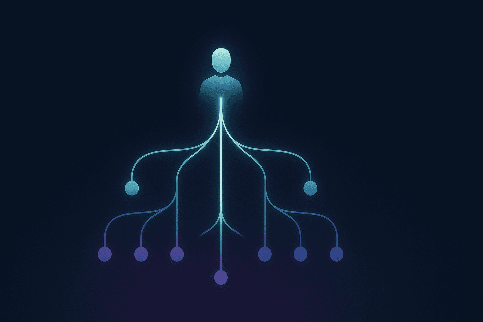 One human founder directing an AI executive team — abstract visualization of leadership hierarchy